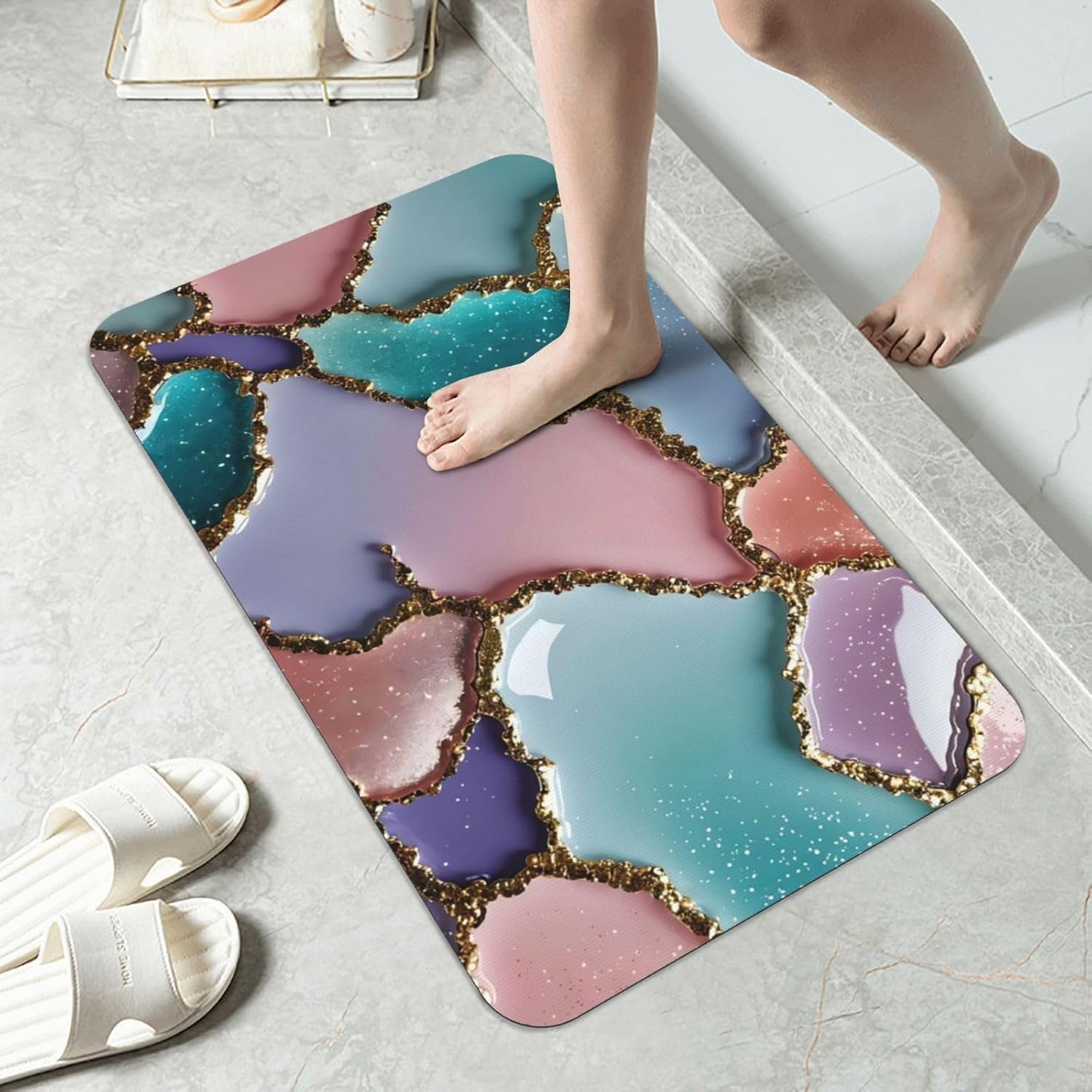 Colorful Agate Stone Bath Mats Quick Dry Absorbent Bath Rugs Rubber Non Slip Bath Mat for Bathroom Floor Tub Shower Sink 16×24